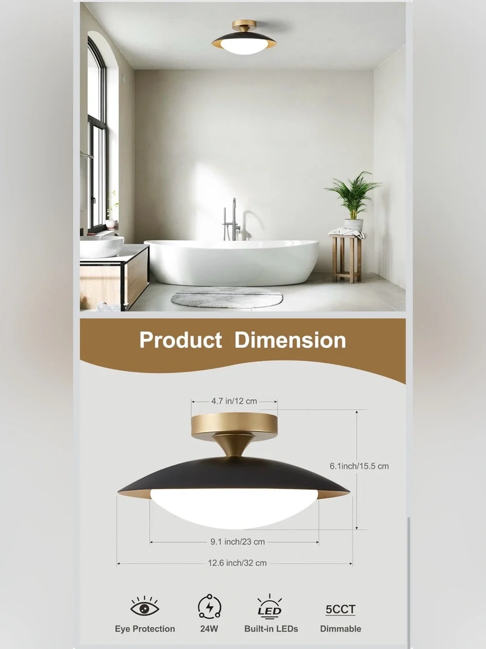 Modern Semi-Flush Ceiling Light - Black & Gold